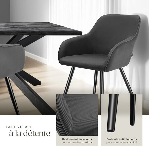 TECTAKE - Lot 6 chaises élégantes aspect corde forme ergonomique anthracite/noir - large
