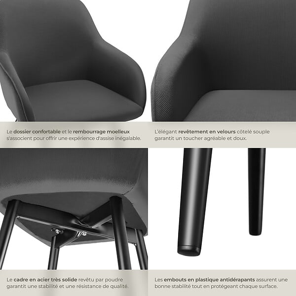 TECTAKE - Lot 6 chaises élégantes aspect corde forme ergonomique anthracite/noir - large