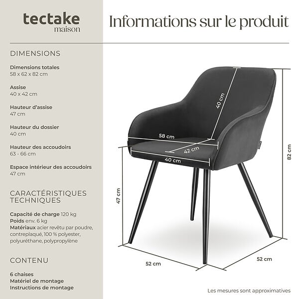 TECTAKE - Lot 6 chaises élégantes aspect corde forme ergonomique anthracite/noir - large