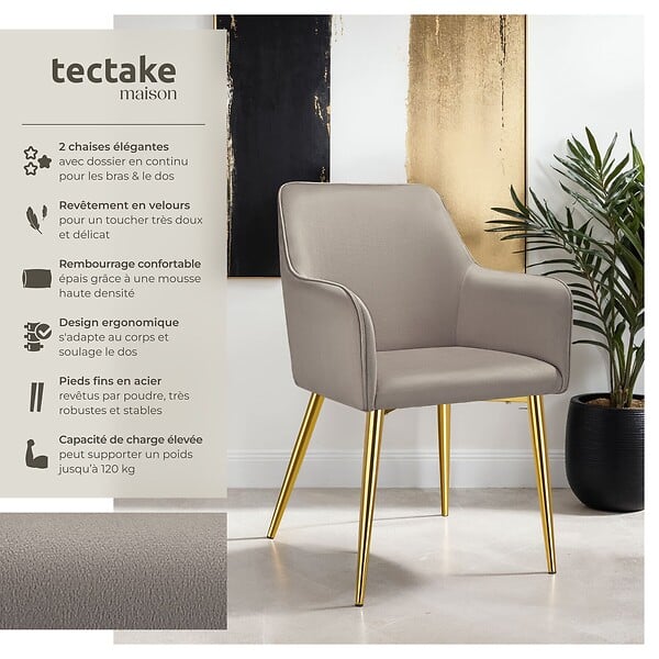 TECTAKE - Lot 2 Fauteuils aspect velours rembourrés avec dossier continu taupe - large