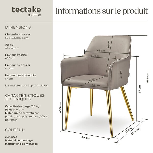TECTAKE - Lot 2 Fauteuils aspect velours rembourrés avec dossier continu taupe - large