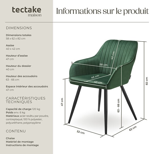 TECTAKE - Chaise de salle à manger en velours matelassée capitonnée vert foncé - large