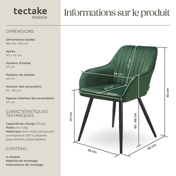 TECTAKE - Lot 4 chaises de salle à manger en velours matelassées vert foncé - large