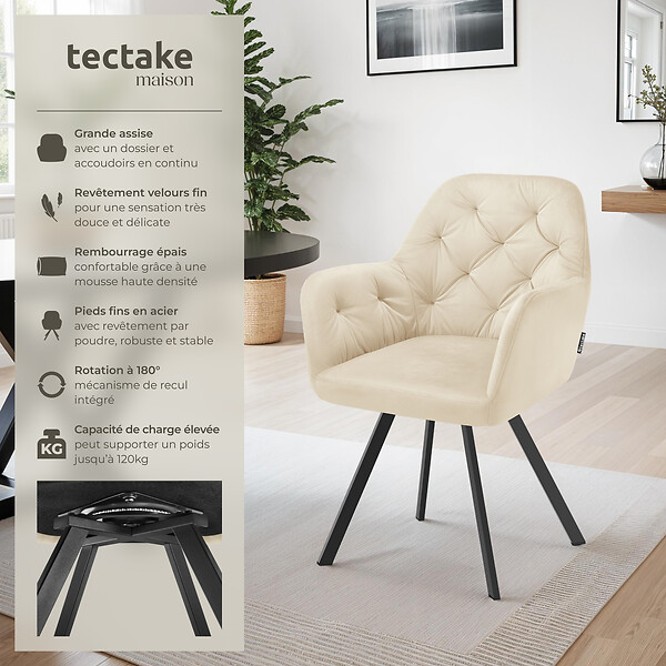 TECTAKE - Fauteuil pivotant 180° en velours rembourré motif matelassé crème - large