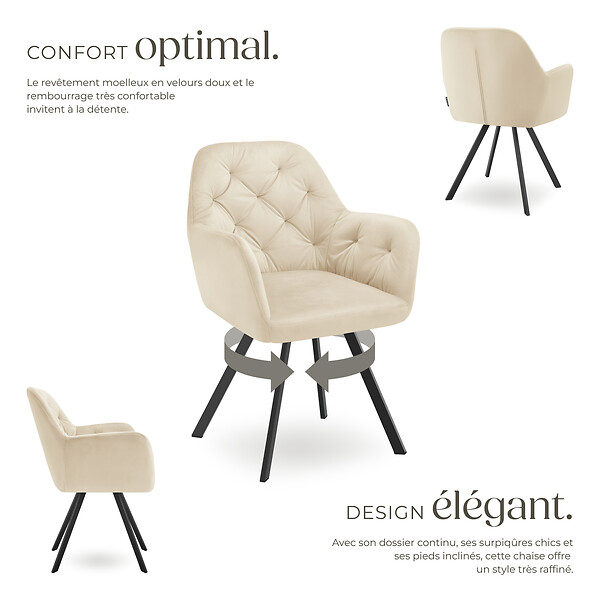 TECTAKE - Fauteuil pivotant 180° en velours rembourré motif matelassé crème - large