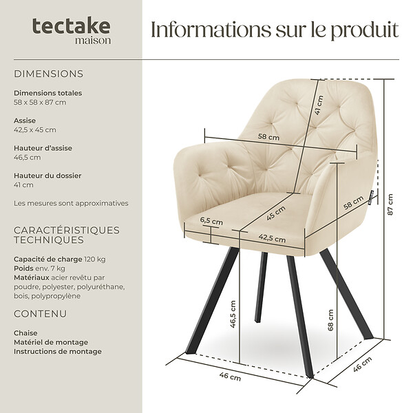 TECTAKE - Fauteuil pivotant 180° en velours rembourré motif matelassé crème - large