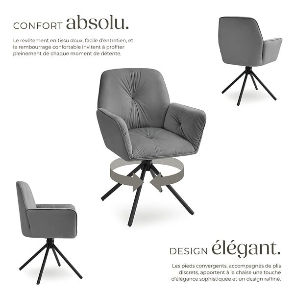 TECTAKE - Lot de 2 chaises pivotantes 360° en velours rembourré anthracite/noir - large