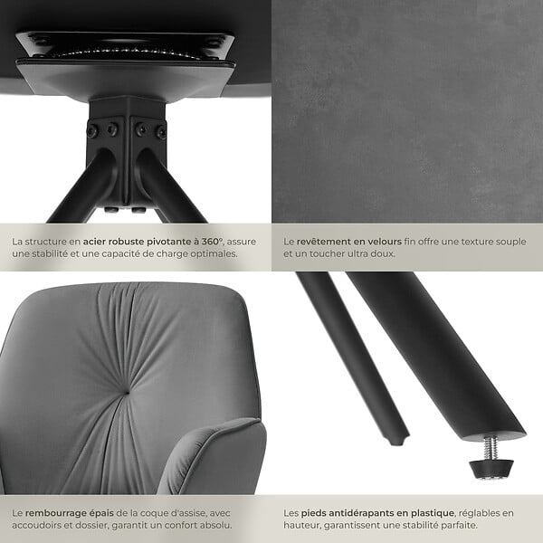 TECTAKE - Lot de 2 chaises pivotantes 360° en velours rembourré anthracite/noir - large