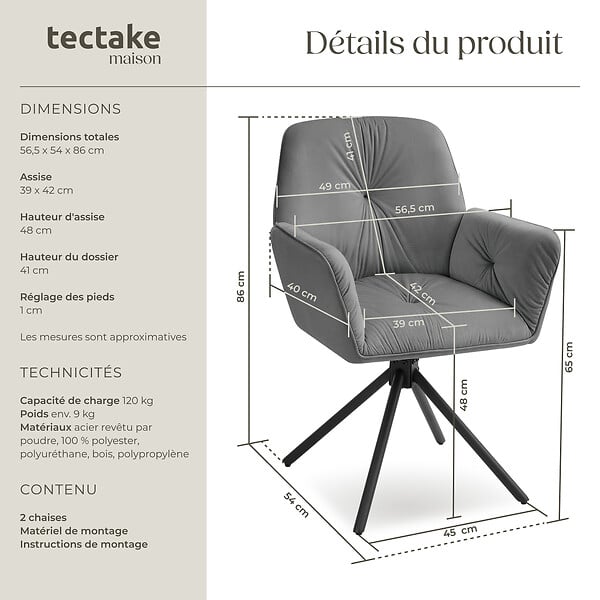 TECTAKE - Lot de 2 chaises pivotantes 360° en velours rembourré anthracite/noir - large