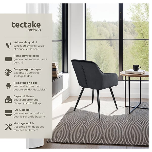 TECTAKE - Ensemble 4 chaises ergonomiques cuir synthétique aspect velours noir - large