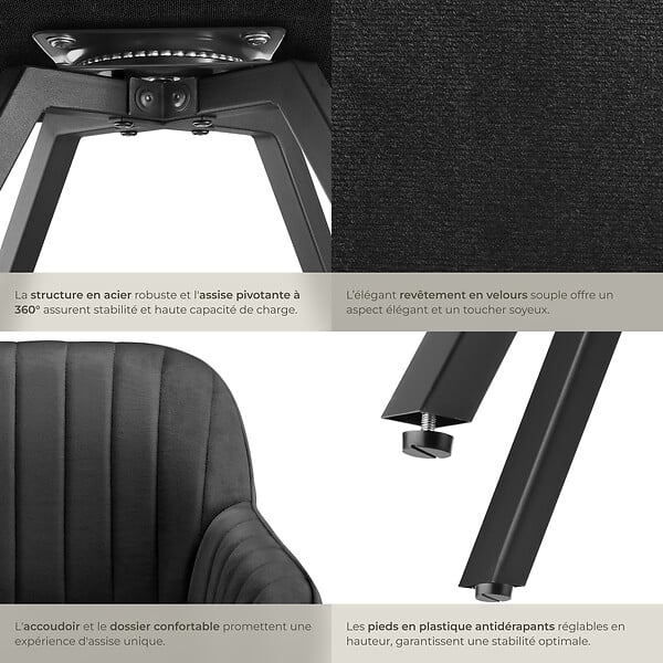 TECTAKE - Lot 6 chaises pivotantes à 360° avec accoudoirs velours noires - large