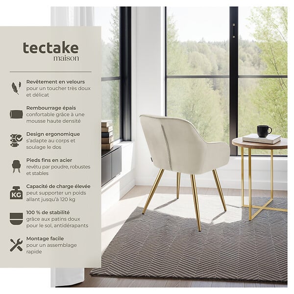 TECTAKE - Lot 4 chaises de salle à manger avec aspect velours capitonné vert/or - large