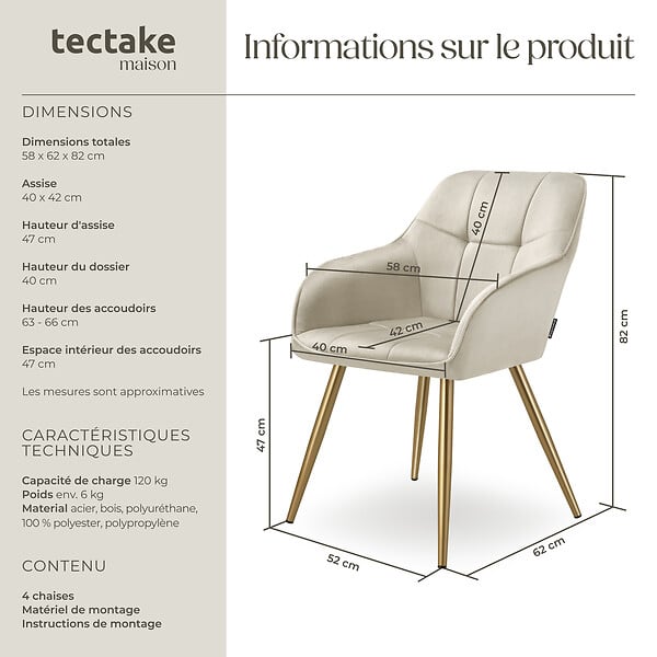 TECTAKE - Lot 4 chaises de salle à manger avec aspect velours capitonné vert/or - large