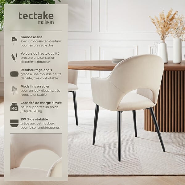 TECTAKE - Lot 4 Fauteuils aspect velours rembourré max 120 kg crème - large