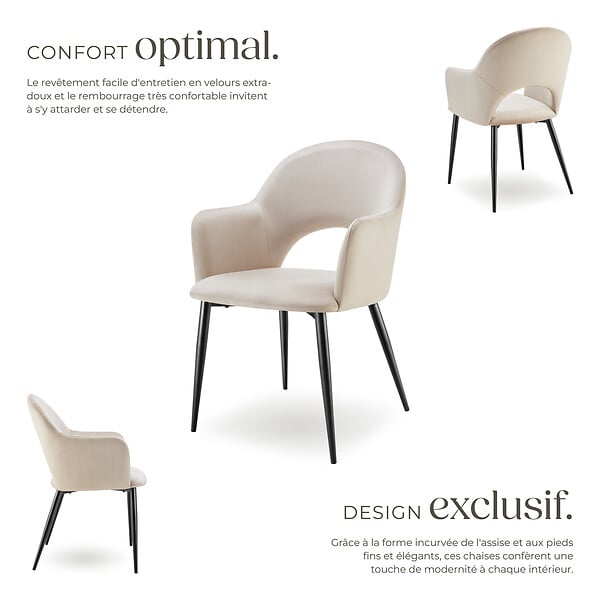 TECTAKE - Lot 4 Fauteuils aspect velours rembourré max 120 kg crème - large