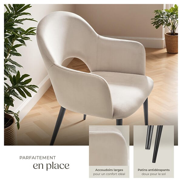 TECTAKE - Lot 4 Fauteuils aspect velours rembourré max 120 kg crème - large