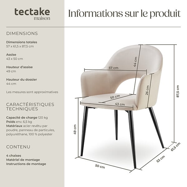 TECTAKE - Lot 4 Fauteuils aspect velours rembourré max 120 kg crème - large