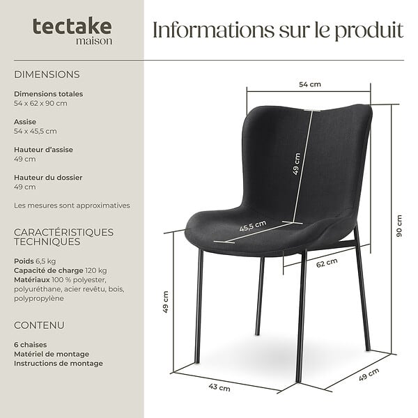 TECTAKE - Lot 6 chaises rembourrées avec revêtement tissu forme ergonomique noir - large