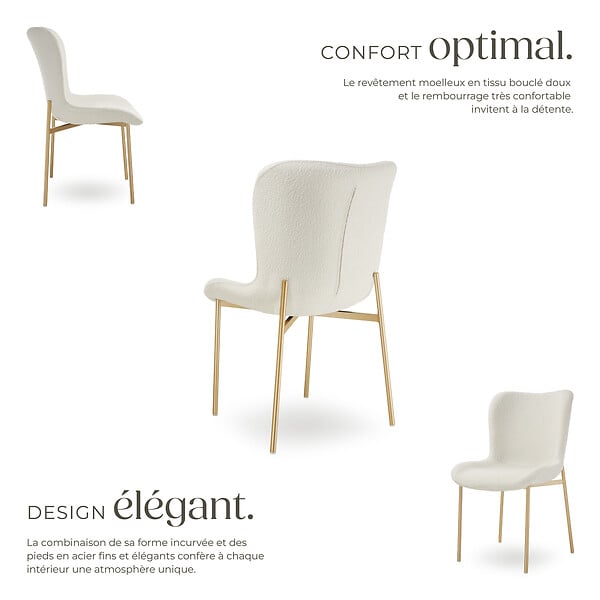 TECTAKE - 4 chaises rembourrées tissu bouclette ergonomiques Blanc/Doré - large