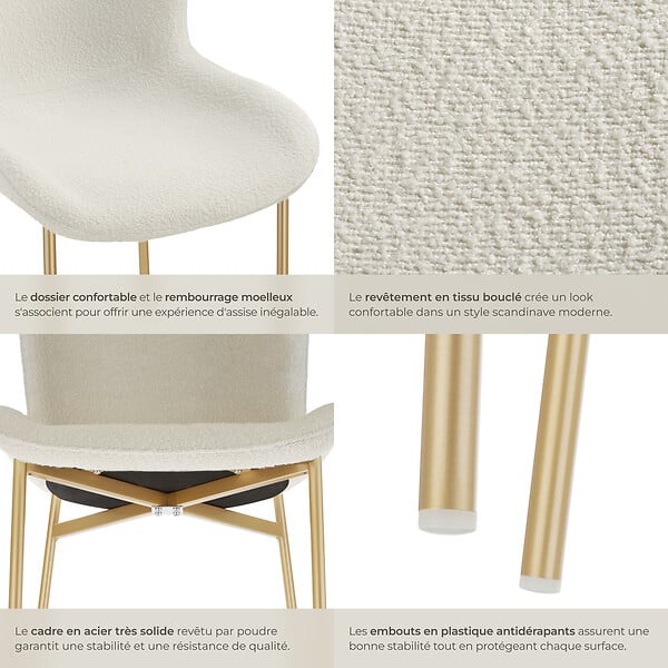 TECTAKE - 4 chaises rembourrées tissu bouclette ergonomiques Blanc/Doré - large