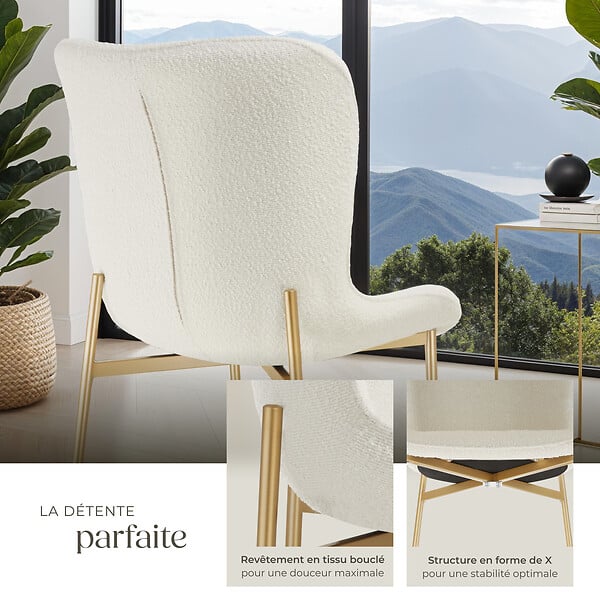 TECTAKE - 4 chaises rembourrées tissu bouclette ergonomiques Blanc/Doré - large