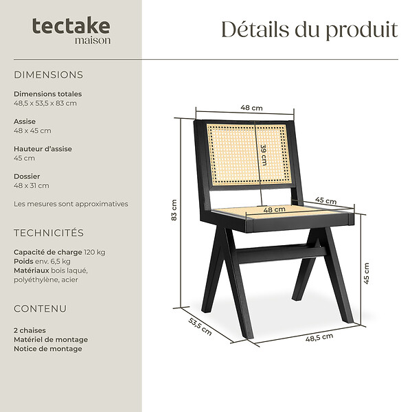 TECTAKE - Lot de 2 chaises en bois avec cannage viennois design boho noir - large