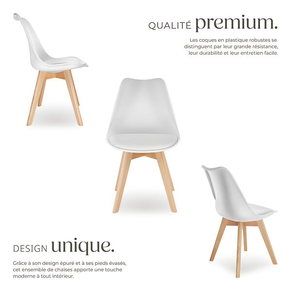 TECTAKE - Lot 6 chaises salle à manger style scandinave forme ergonomique blanc - large