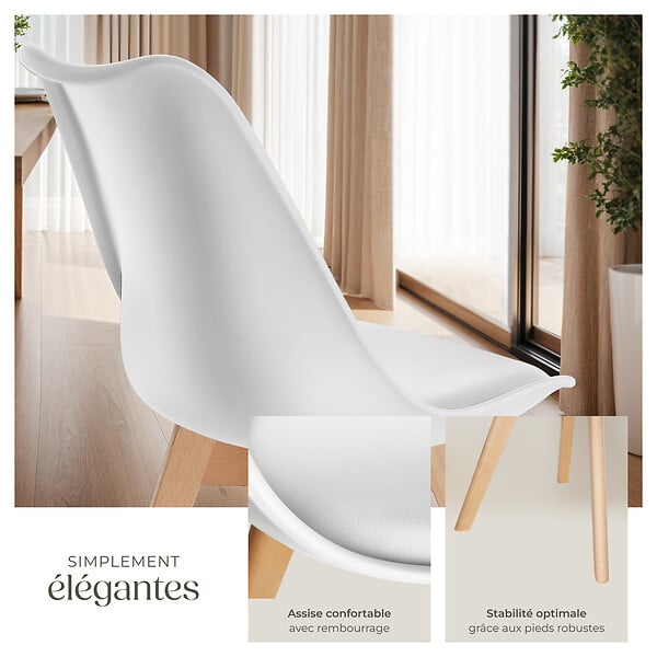 TECTAKE - Lot 6 chaises salle à manger style scandinave forme ergonomique blanc - large