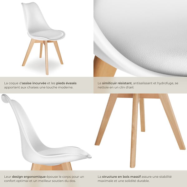 TECTAKE - Lot 6 chaises salle à manger style scandinave forme ergonomique blanc - large