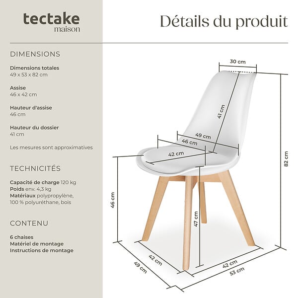 TECTAKE - Lot 6 chaises salle à manger style scandinave forme ergonomique blanc - large