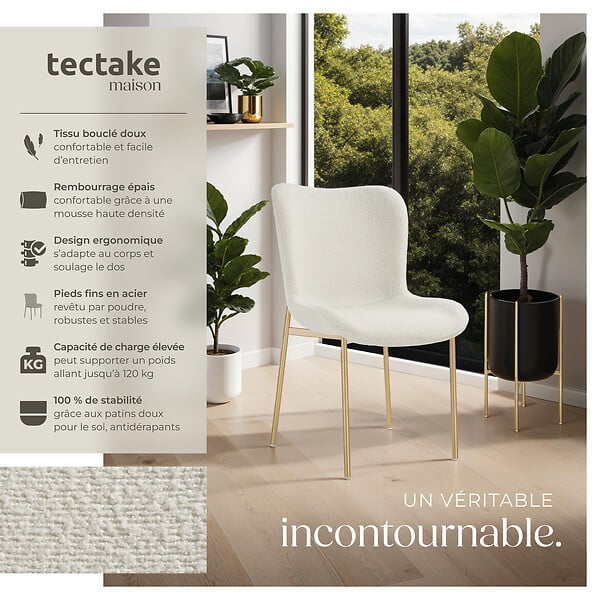 TECTAKE - Chaise de salle à manger rembourrée ergonomique tissu bouclette blanc - large