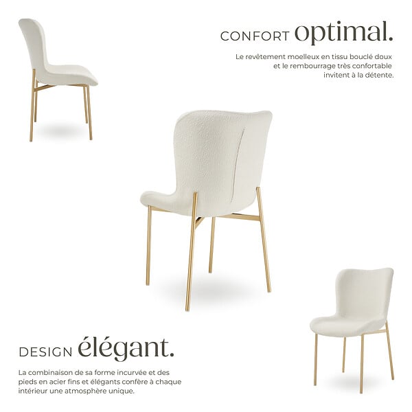 TECTAKE - Chaise de salle à manger rembourrée ergonomique tissu bouclette blanc - large