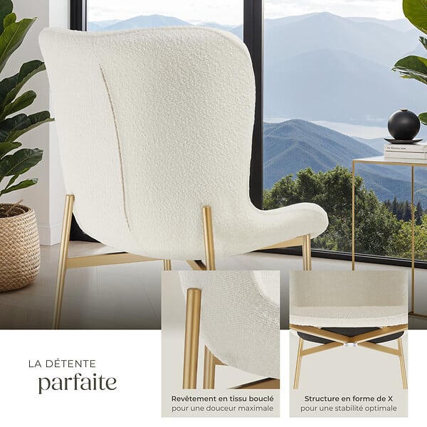 TECTAKE - Chaise de salle à manger rembourrée ergonomique tissu bouclette blanc - large