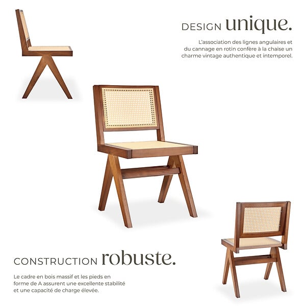 TECTAKE - Lot 4 chaises en bois avec cannage viennois design boho chêne foncé - large