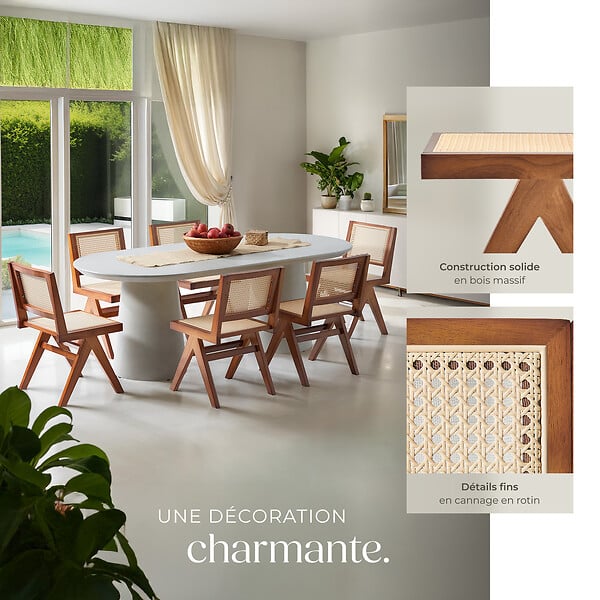 TECTAKE - Lot 4 chaises en bois avec cannage viennois design boho chêne foncé - large