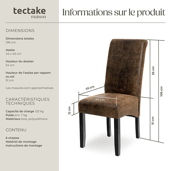 TECTAKE - Ensemble de 6 chaises de salle à manger aspect cuir marron foncé - large