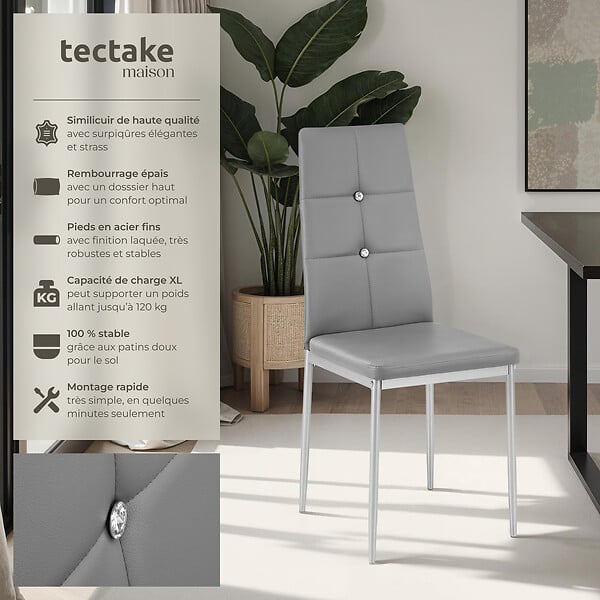 TECTAKE - Ensemble 4 chaises de salle à manger aspect cuir à paillettes gris - large