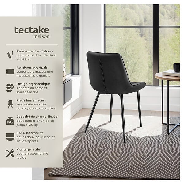 TECTAKE - Lot 4 chaises assise ergonomique rembourrée aspect velours noir - large