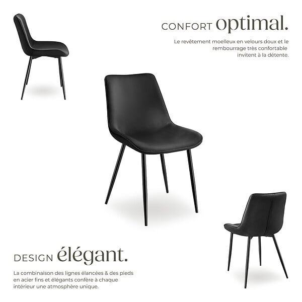 TECTAKE - Lot 4 chaises assise ergonomique rembourrée aspect velours noir - large