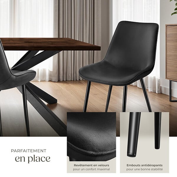 TECTAKE - Lot 4 chaises assise ergonomique rembourrée aspect velours noir - large