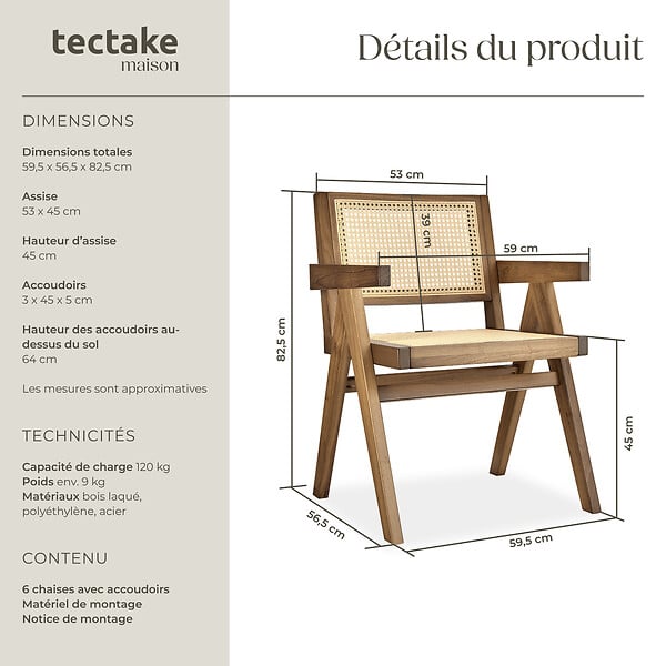 TECTAKE - Lot 6 chaises de salle à manger cannage viennois boho chêne clair - large