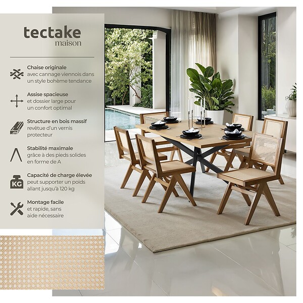 TECTAKE - Lot 2 chaises en bois avec cannage viennois design boho chêne clair - large