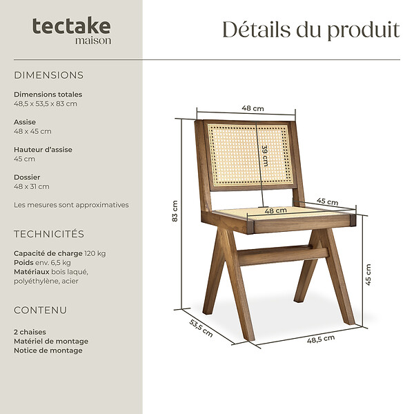 TECTAKE - Lot 2 chaises en bois avec cannage viennois design boho chêne clair - large