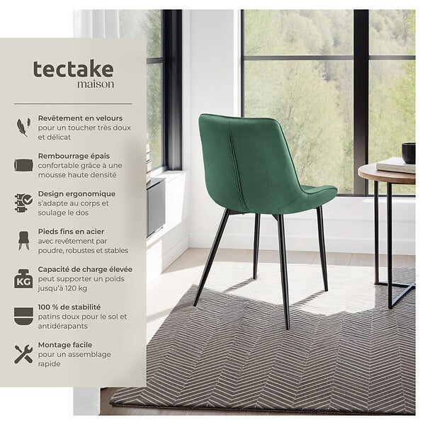 TECTAKE - Lot de 4 chaises Rembourrées aspect velours ergonomiques vert foncé - large
