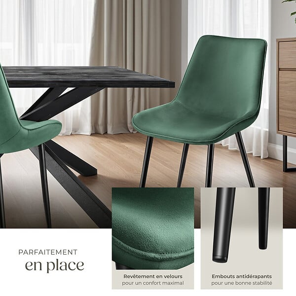TECTAKE - Lot de 4 chaises Rembourrées aspect velours ergonomiques vert foncé - large