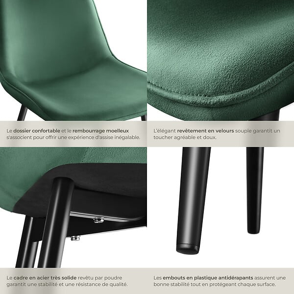 TECTAKE - Lot de 4 chaises Rembourrées aspect velours ergonomiques vert foncé - large