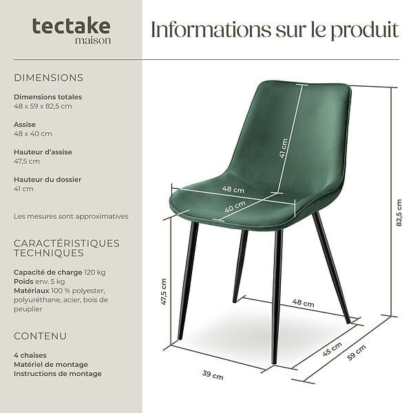 TECTAKE - Lot de 4 chaises Rembourrées aspect velours ergonomiques vert foncé - large