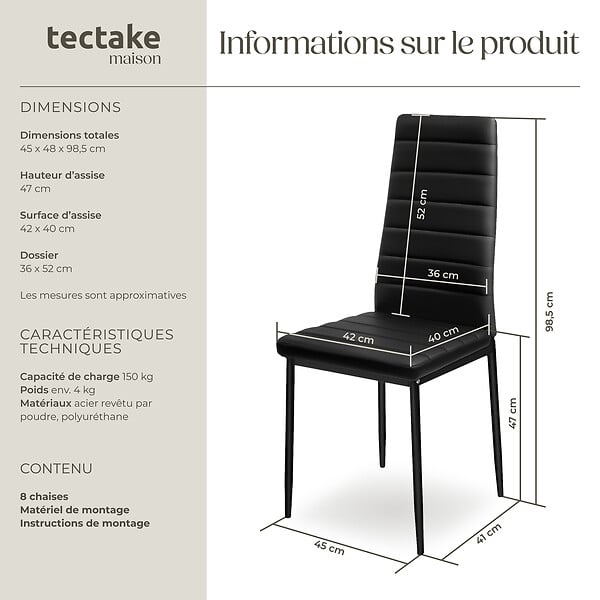 TECTAKE - Lot de 8 chaises avec strass Rembourrées en cuir synthétique noir - large