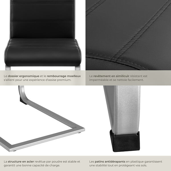 TECTAKE - Lot de 8 chaises Rembourrés en cuir synthétique ergonomique noir - large