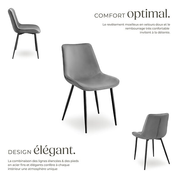 TECTAKE - Lot de 2 chaises Rembourrées aspect velours assise Ergonomique gris - large